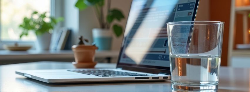 Glass of water and laptop on a table.