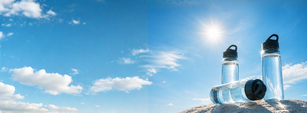 Water bottles on a rock with a blue sky.