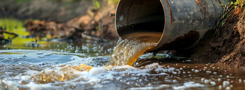 Dirty water pouring out of a drain pipe.