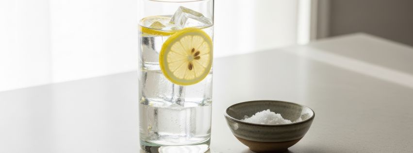 Glass of lemon water with a small bowl of salt beside it.