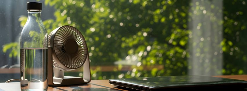 Waterbottle, fan, and laptop on a desk overlooking a window.