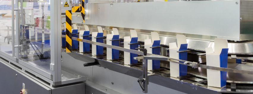 Boxes on an assembly line.