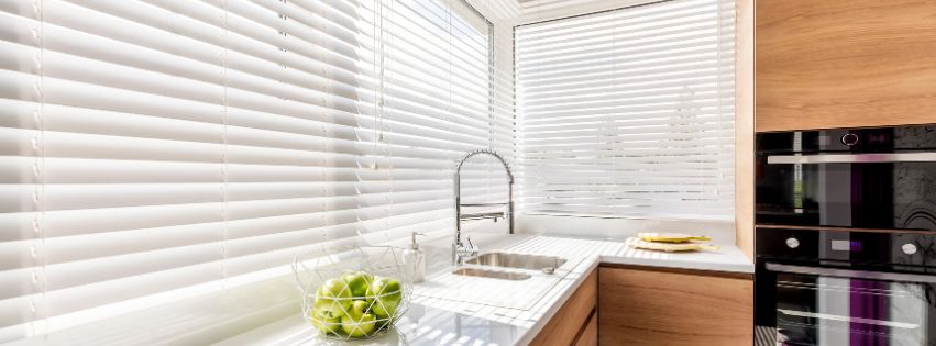 Blinds in a kitchen.