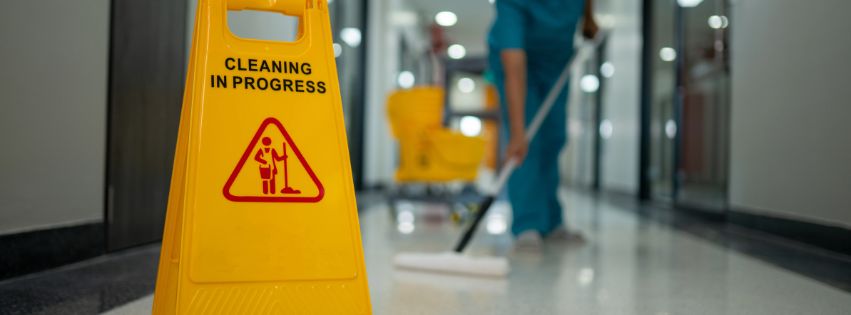 Wet floor sign with someone mopping in the bathroom.