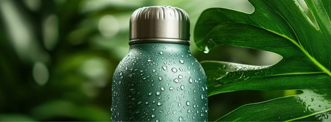 Water bottle surrounded by plants