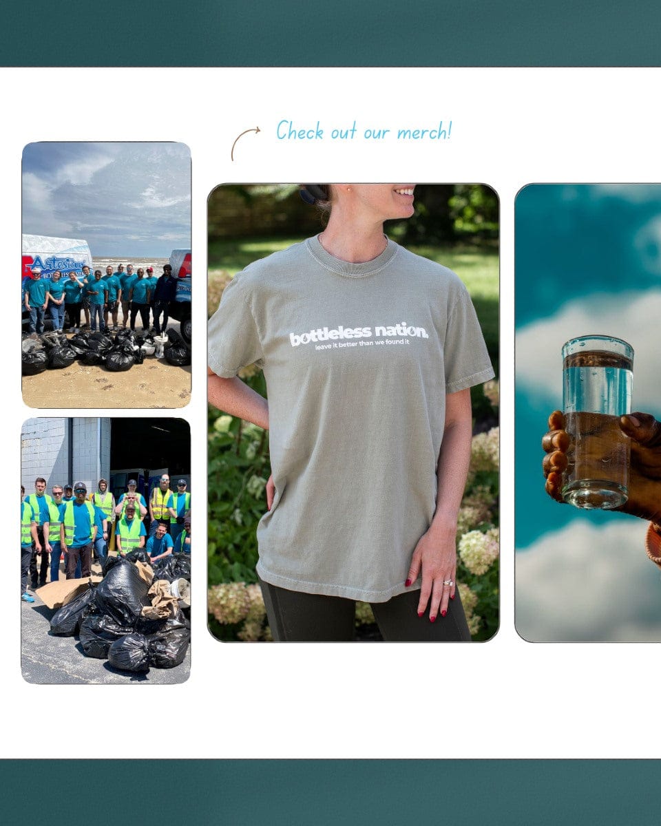 Collage of Bottleless Nation team members and branded apparel