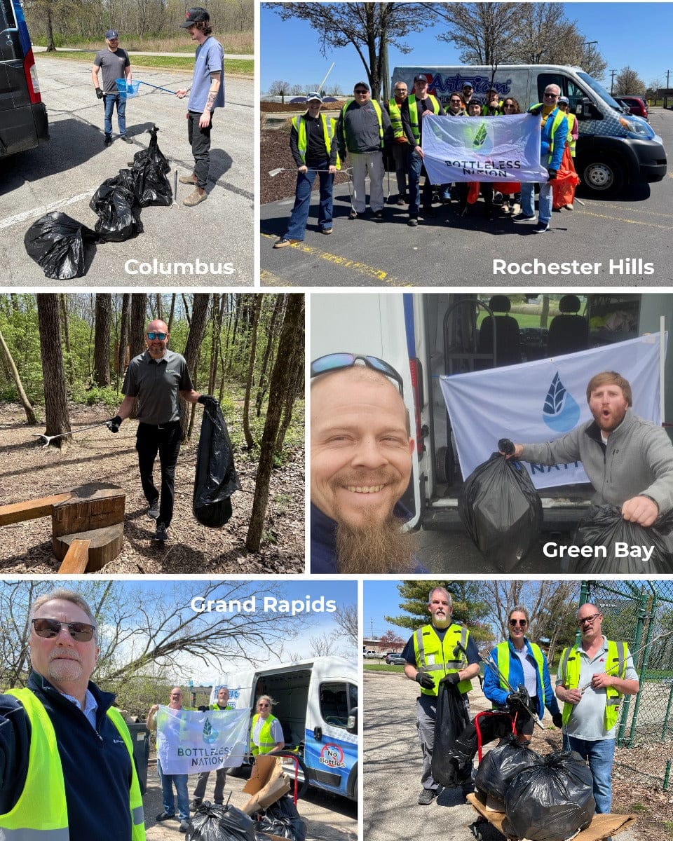 Bottleless Nation team members outdoors with a company flag